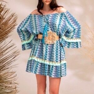 PHO Firenze Poupette‎ St Barths Resort Dress Zigzag Off the Shoulder Fringe Luxe